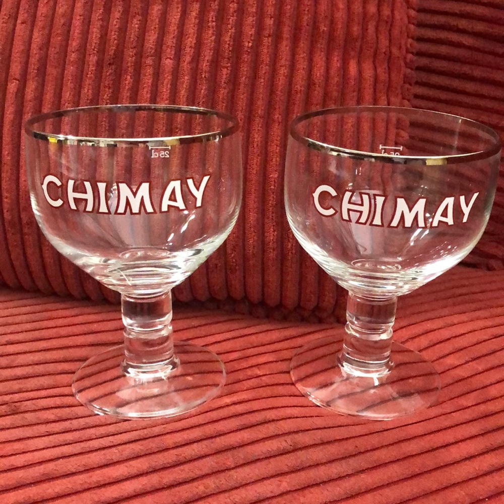 Chimay Belgium beer steins/mugs crystal with sterling silver rims set 2